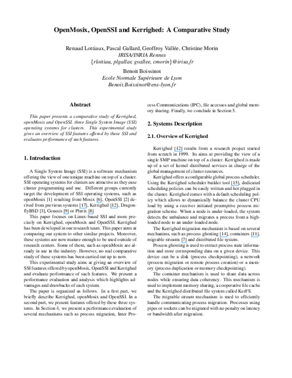 (PDF) OpenMosix, OpenSSI and Kerrighed: a comparative study