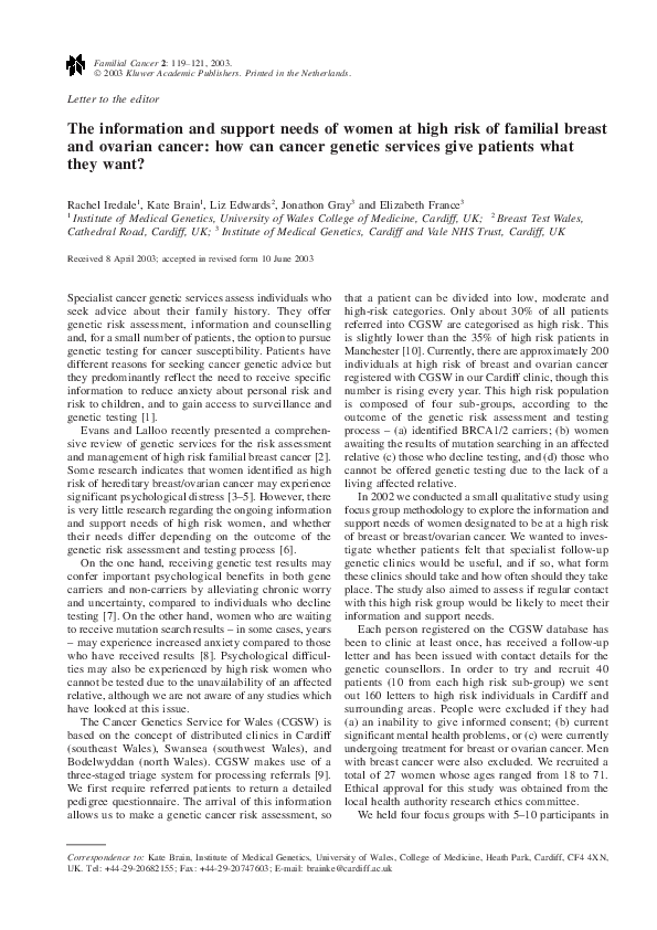 (PDF) The information and support needs of women at high risk of ...