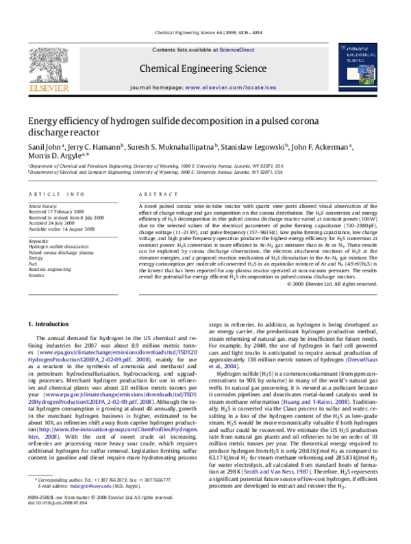 (PDF) Energy efficiency of hydrogen sulfide decomposition in a pulsed ...