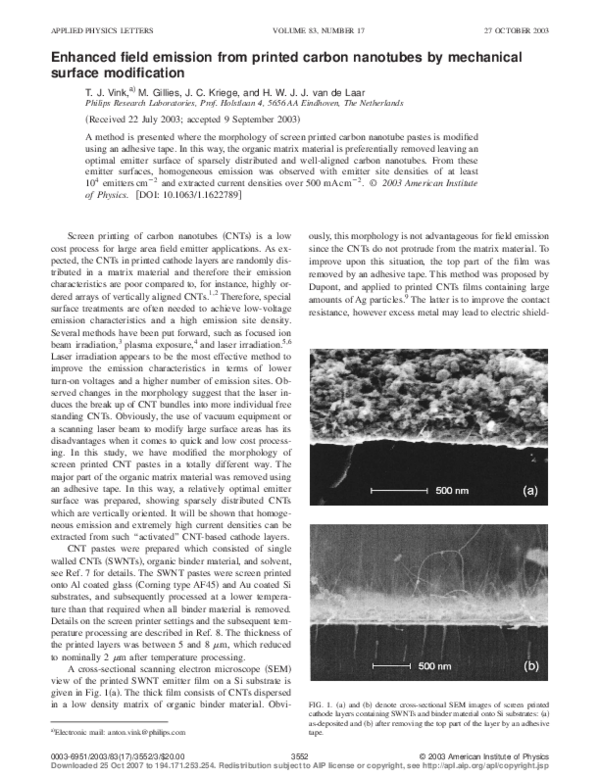 (PDF) Enhanced field emission from printed carbon nanotubes by ...