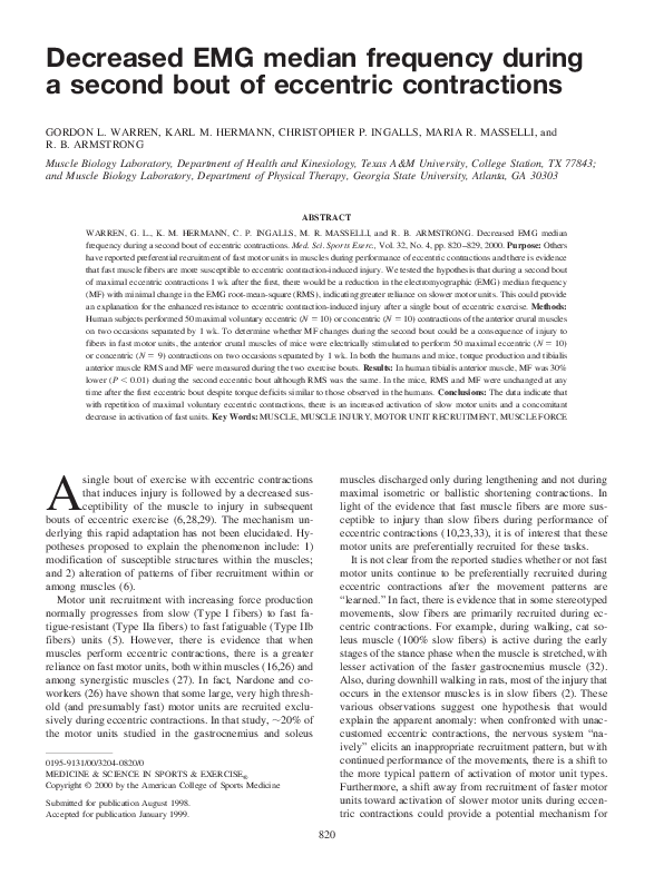 (PDF) Decreased EMG median frequency during a second bout of eccentric contractions Gordon