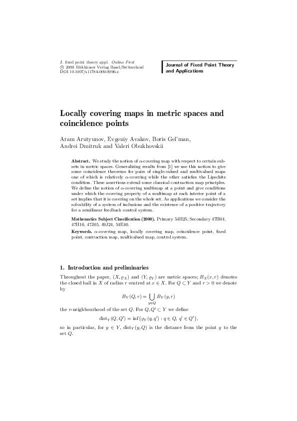 (PDF) Locally covering maps in metric spaces and coincidence points