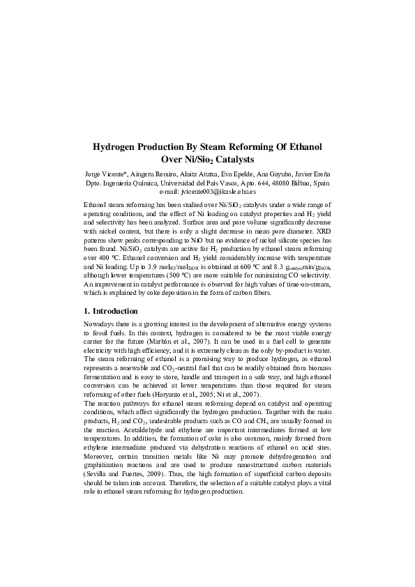 (PDF) Hydrogen production by steam reforming of ethanol