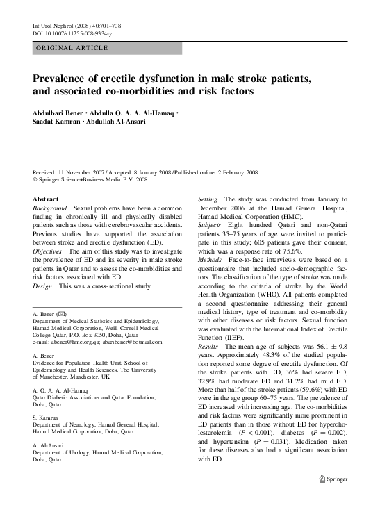 (PDF) Prevalence of erectile dysfunction in male stroke patients, and ...