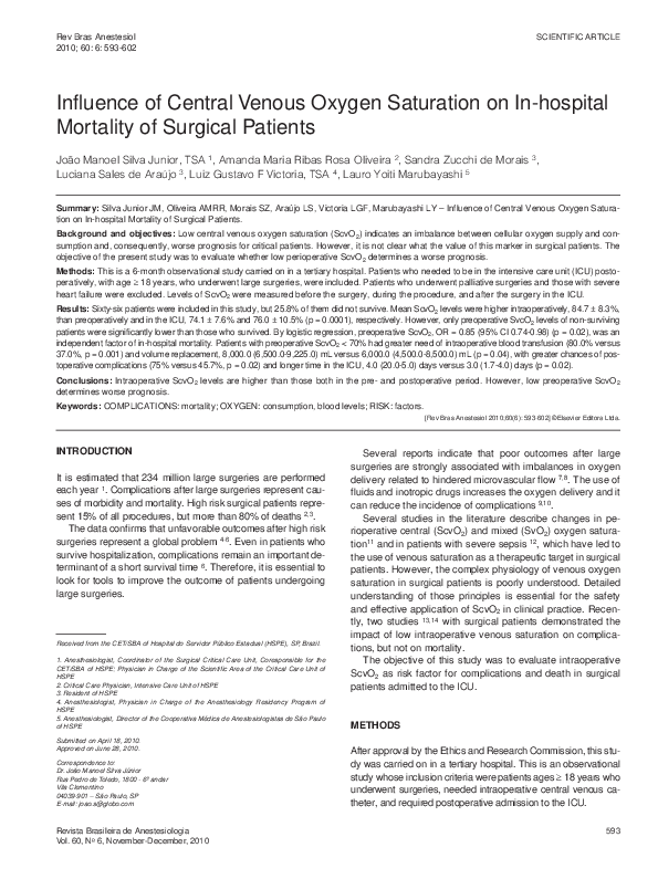 (PDF) Influence of Central Venous Oxygen Saturation on In-hospital ...