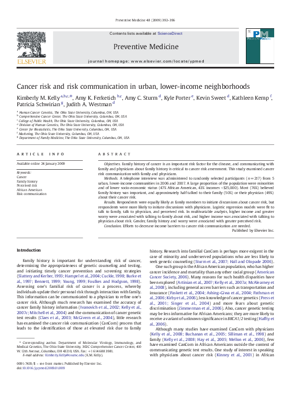 (PDF) Cancer risk and risk communication in urban, lower-income ...