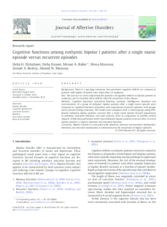 (PDF) Cognitive functions among euthymic bipolar I patients after a ...