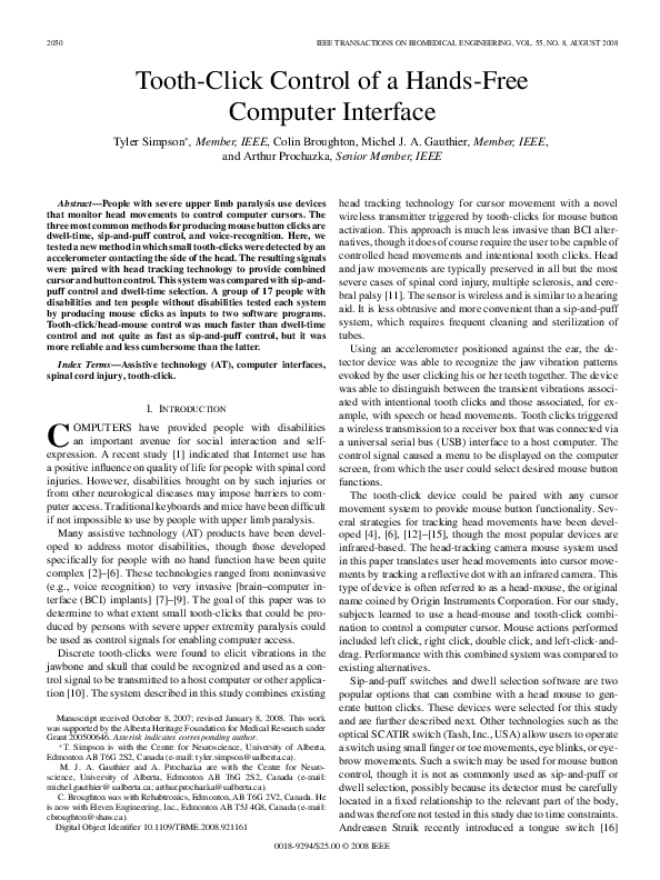 (PDF) Tooth-Click Control of a Hands-Free Computer Interface
