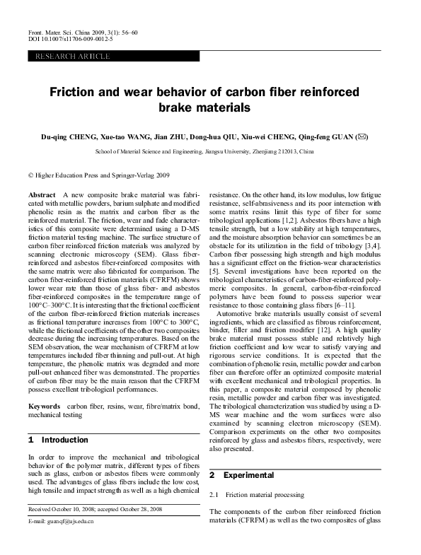 (PDF) Friction and wear behavior of carbon fiber reinforced brake materials