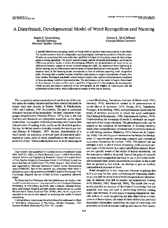 (PDF) Developmental model of word recognition and naming