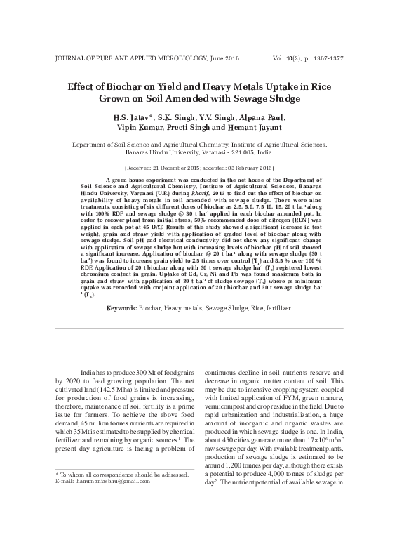 (PDF) Effect of Biochar on Yield and Heavy Metals Uptake in Rice Grown ...