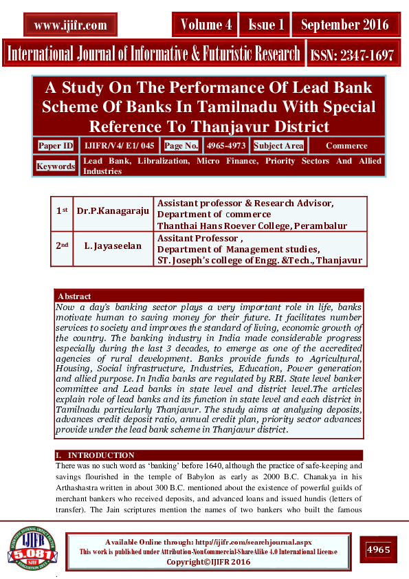 (PDF) A Study On The Performance Of Lead Bank Scheme Of Banks In