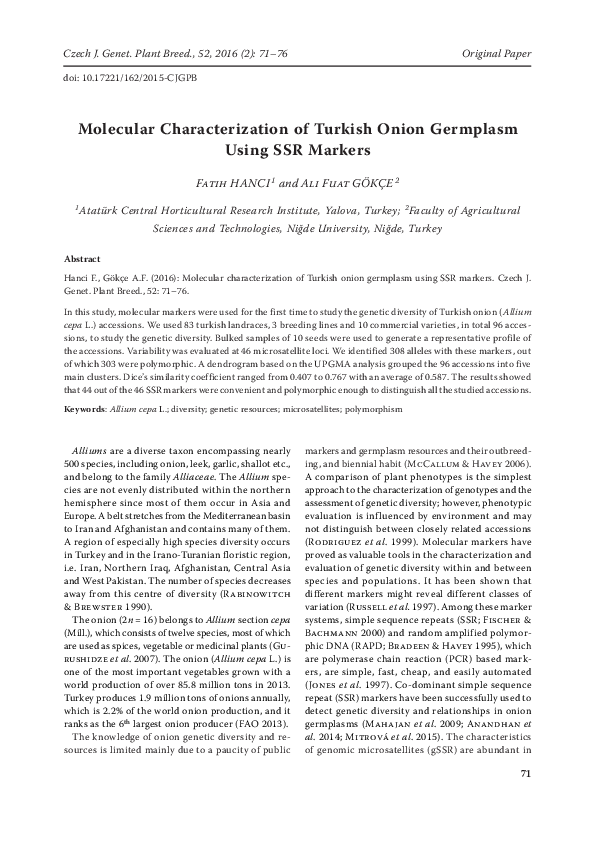 (PDF) Molecular Characterization of Turkish Onion Germplasm Using SSR ...