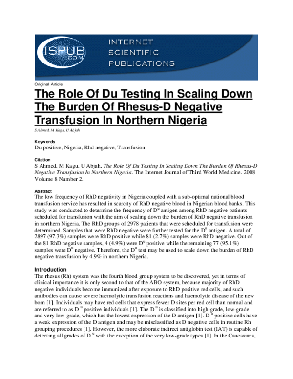 (PDF) The Role of Du Testing In Scaling Down the Burden of Rhesus-D ...