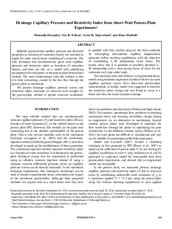 (PDF) Drainage Capillary Pressure and Resistivity Index from Short-Wait ...