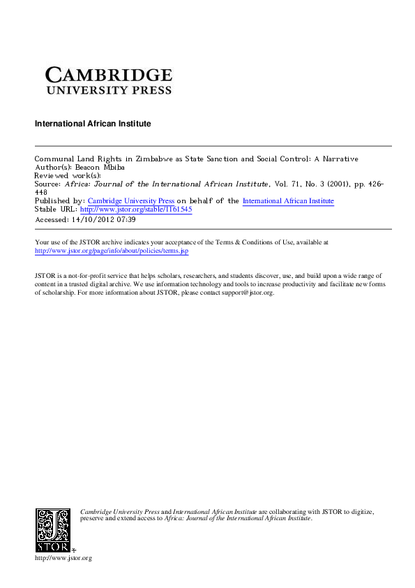 (PDF) Communal Land Rights in Zimbabwe as State Sanction and Social