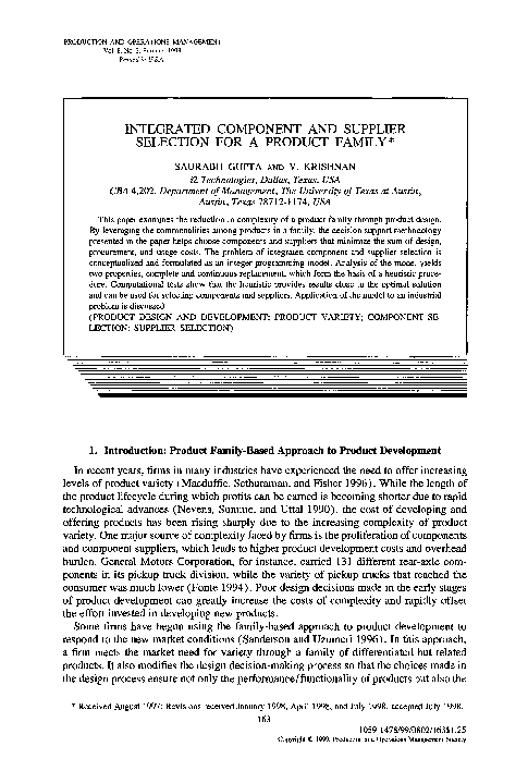 (PDF) Integrated Component And Supplier Selection For A Product Family