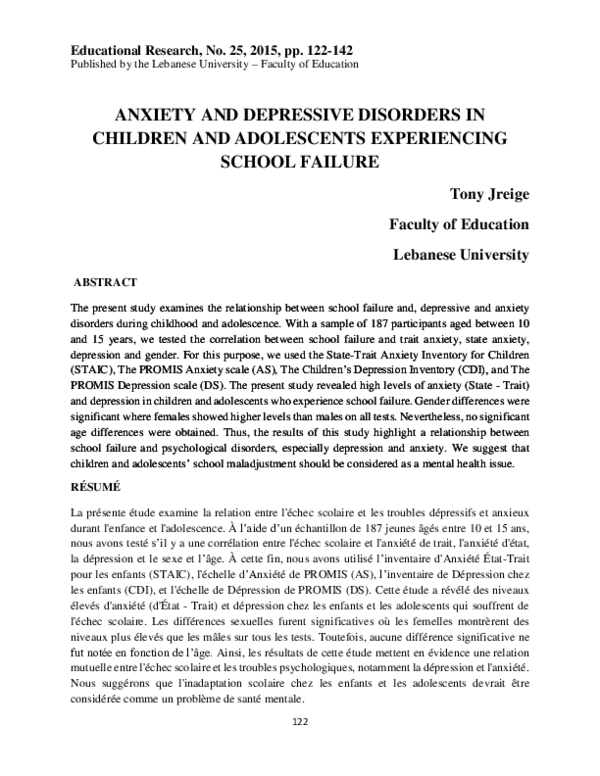 (PDF) ANXIETY AND DEPRESSIVE DISORDERS IN CHILDREN AND ADOLESCENTS ...