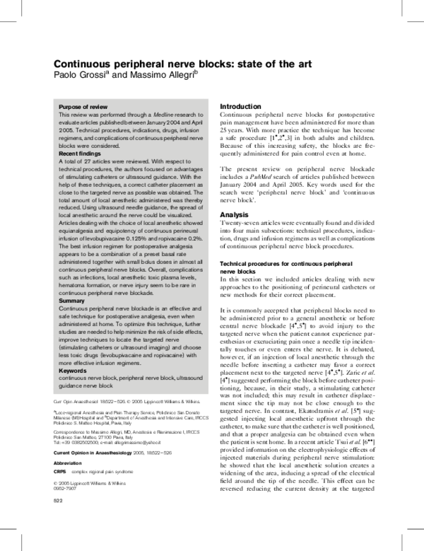 (PDF) Continuous peripheral nerve blocks: state of the art