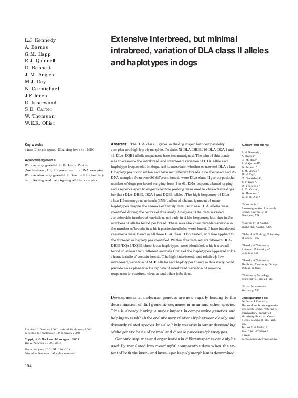 (PDF) Extensive interbreed, but minimal intrabreed, variation of DLA ...