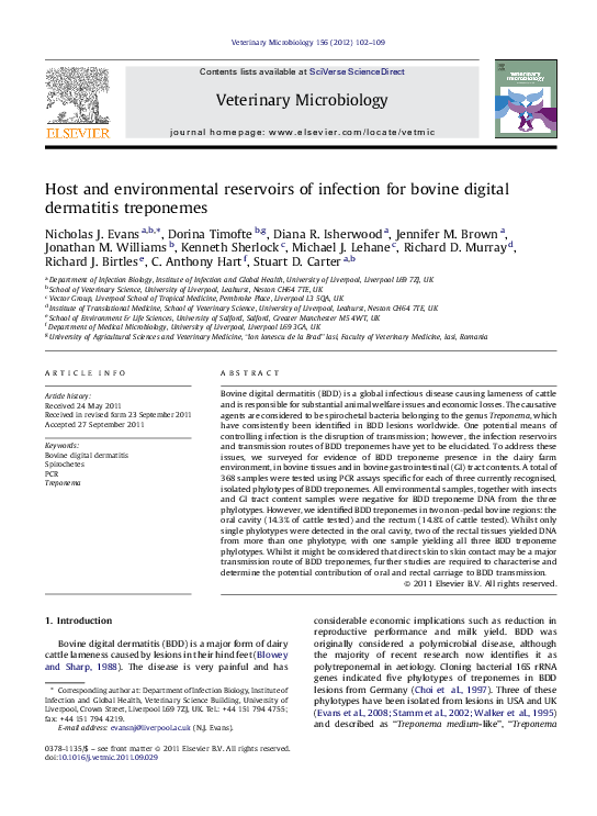 (PDF) Host and environmental reservoirs of infection for bovine digital