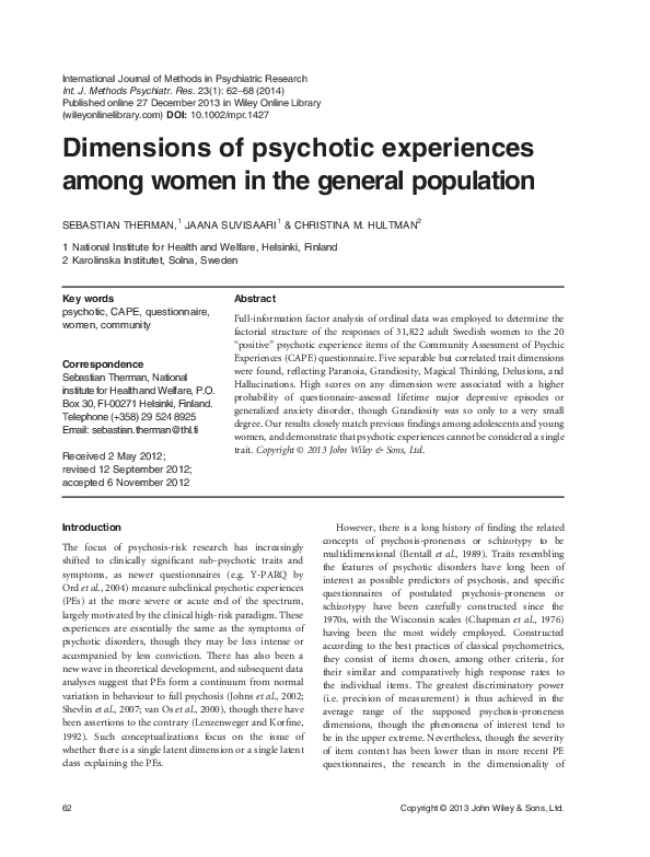 (PDF) Dimensions of psychotic experiences among women in the general ...