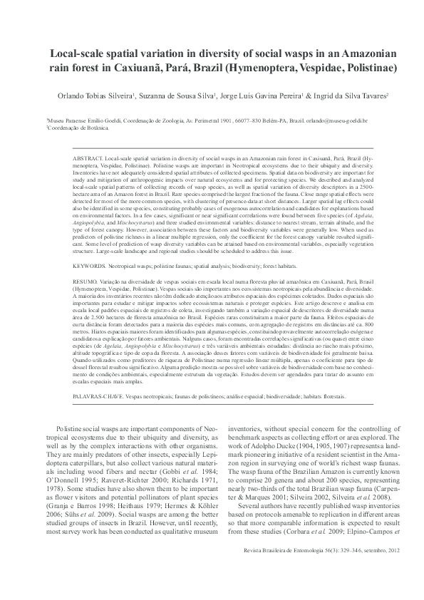 (PDF) Local-scale spatial variation in diversity of social wasps in an ...