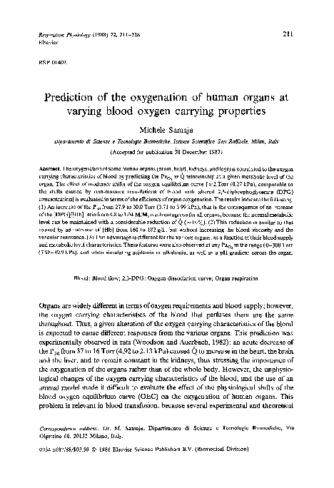 (PDF) Prediction of the oxygenation of human organs at varying blood ...