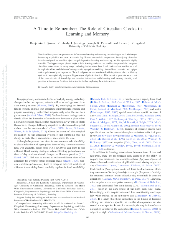 (PDF) A time to remember The role of circadian clocks in learning and