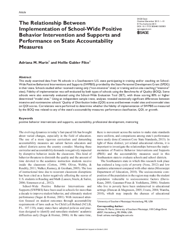 (PDF) The Relationship Between Implementation of School-Wide Positive ...