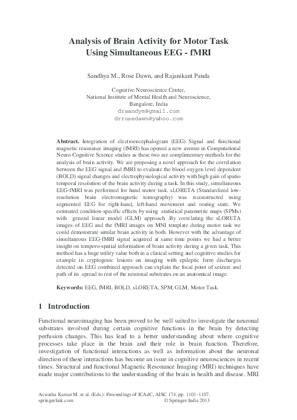 (PDF) Analysis of Brain Activity for Motor Task Using Simultaneous EEG-fMRI