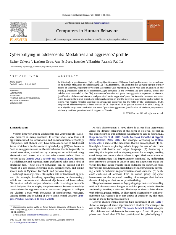 (PDF) Cyberbullying in adolescents: Modalities and aggressors' profile