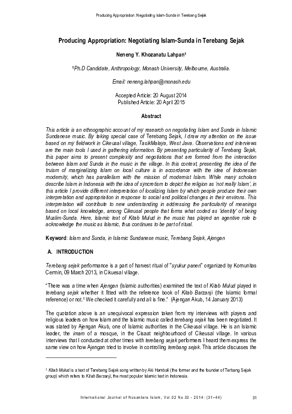 (PDF) Producing Appropriation Negotiating IslamSunda in Terebang