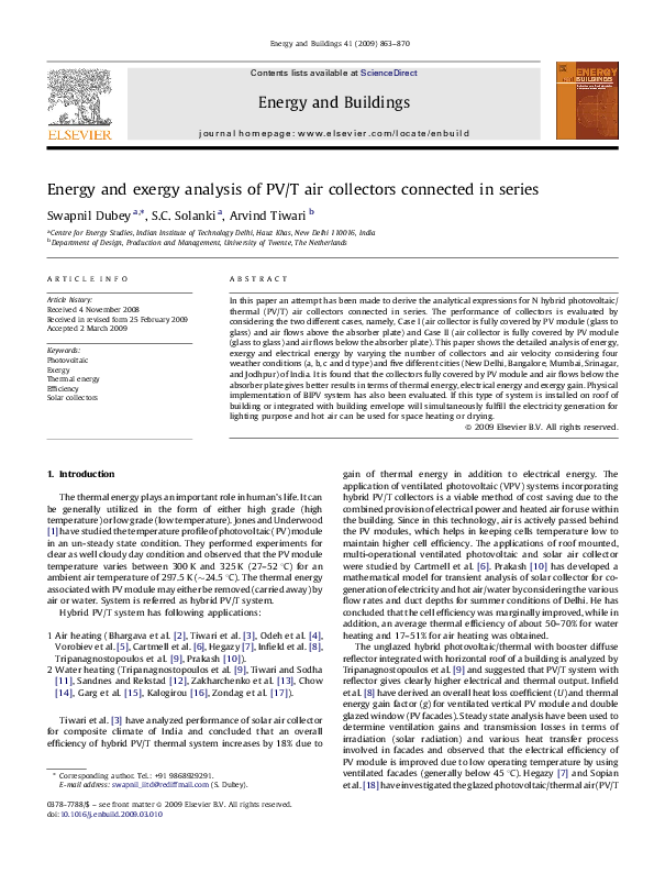 (PDF) Energy and exergy analysis of PV/T air collectors connected in series
