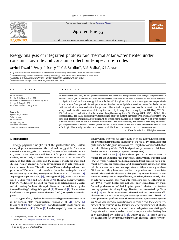 (PDF) Exergy analysis of integrated photovoltaic thermal solar water ...