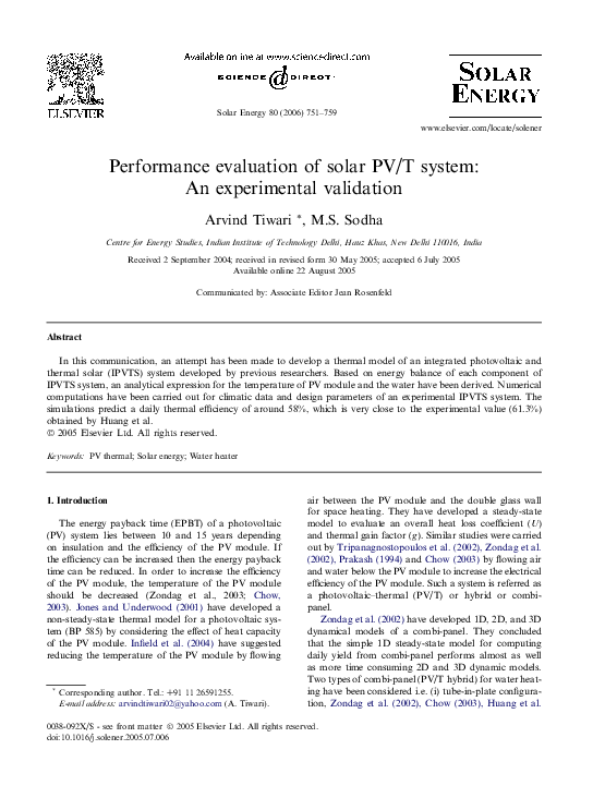 (PDF) Performance evaluation of solar PV/T system: An experimental ...