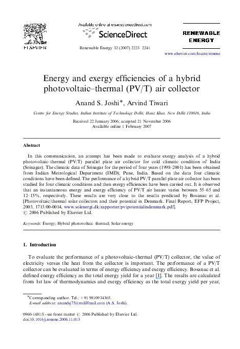 (PDF) Energy and exergy efficiencies of a hybrid photovoltaic–thermal ...