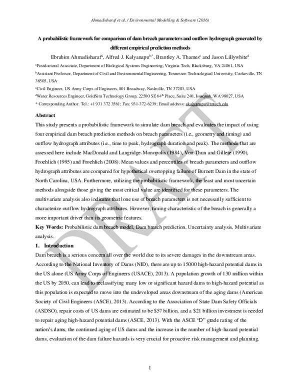 (PDF) A probabilistic framework for comparison of dam breach parameters ...