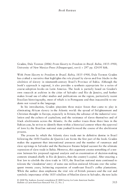 (PDF) From Slavery to Freedom in Brazil. Bahia, 1835–1900 - by Dale ...
