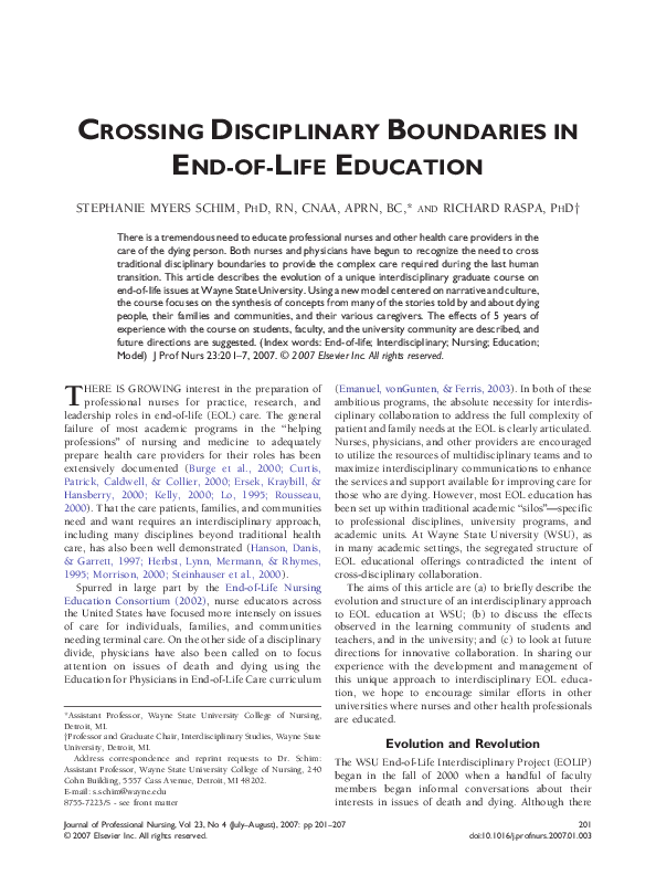 (PDF) Crossing Disciplinary Boundaries in End-of-Life Education