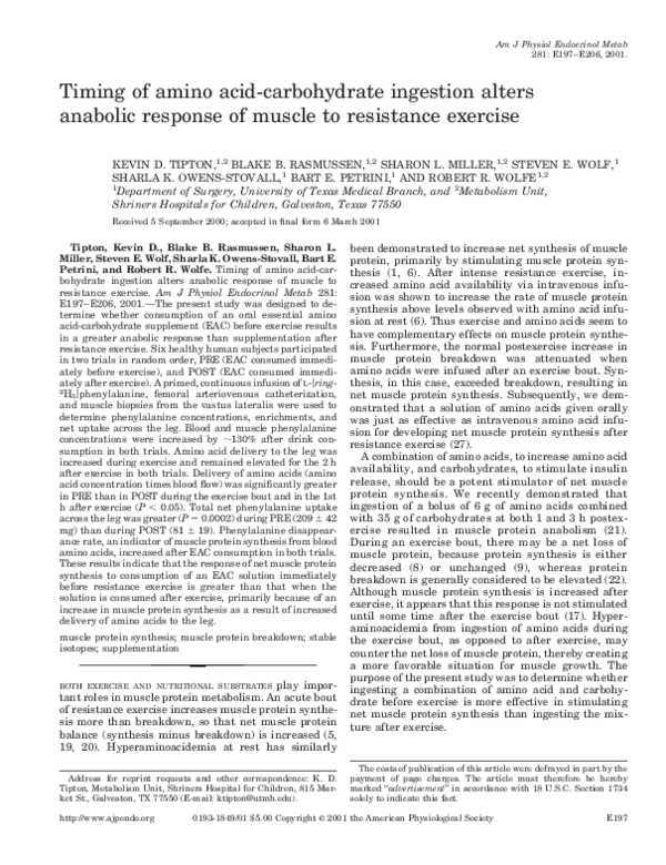(PDF) Timing of amino acidcarbohydrate ingestion alters anabolic