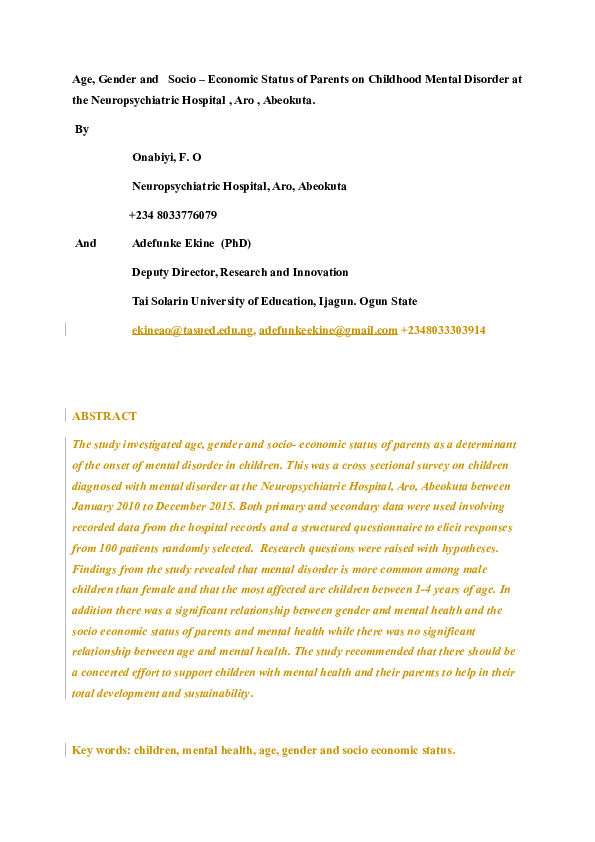 (DOC) Age, Gender and Socio – Economic Status of Parents on Childhood ...