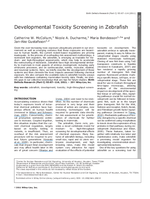 (PDF) Zebrafish as a Model for Developmental Toxicity Assessment