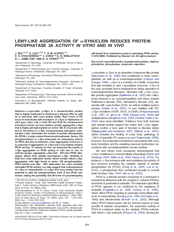 (PDF) LEWY-LIKE AGGREGATION OF -SYNUCLEIN REDUCES PROTEIN PHOSPHATASE ...