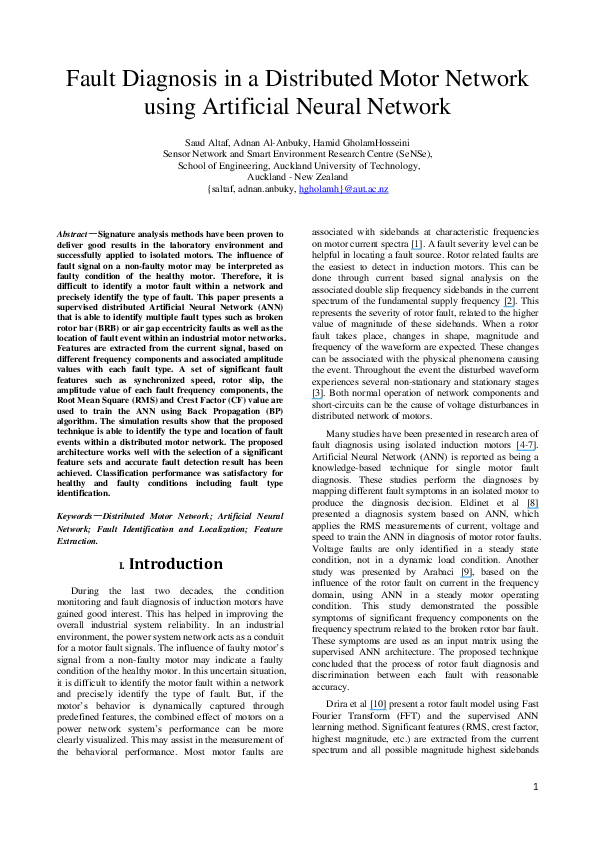 (PDF) Fault diagnosis in a distributed motor network using Artificial ...