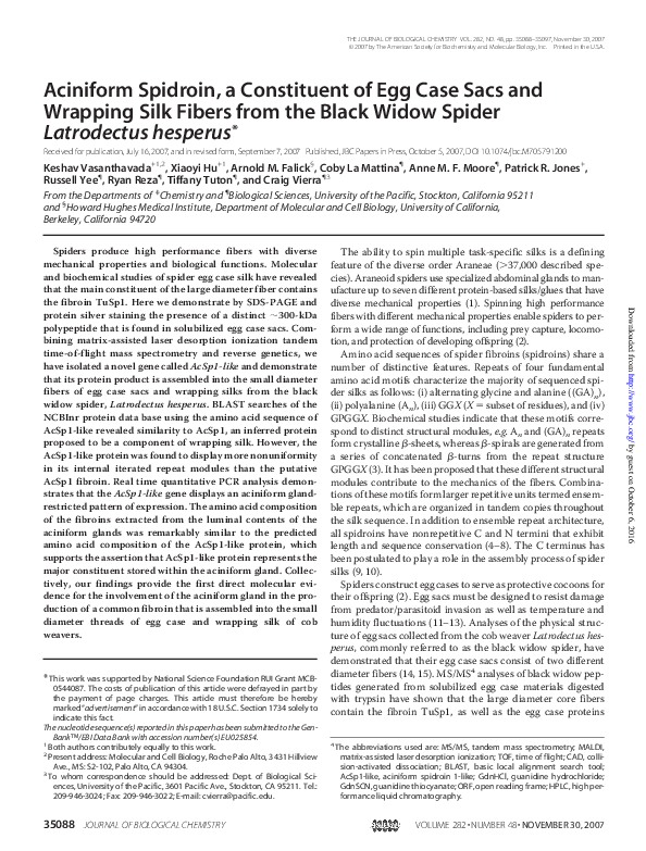 (PDF) Aciniform Spidroin, a Constituent of Egg Case Sacs and Wrapping ...