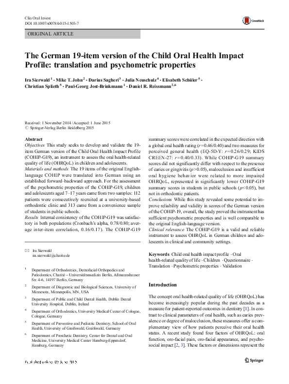 (PDF) The German 19item version of the Child Oral Health Impact