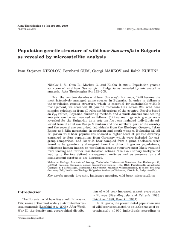(PDF) Population genetic structure of wild boar Sus scrofa in Bulgaria ...