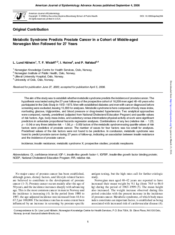 (PDF) Metabolic Syndrome Predicts Prostate Cancer in a Cohort of Middle ...