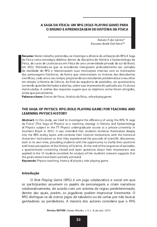 (PDF) A SAGA DA FÍSICA UM RPG (ROLEPLAYING GAME) PARA O ENSINO E